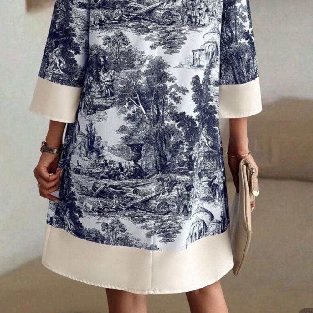 Toile Shirt Dress in Garden Club Print Silky Fabric - Picture 2 of 6